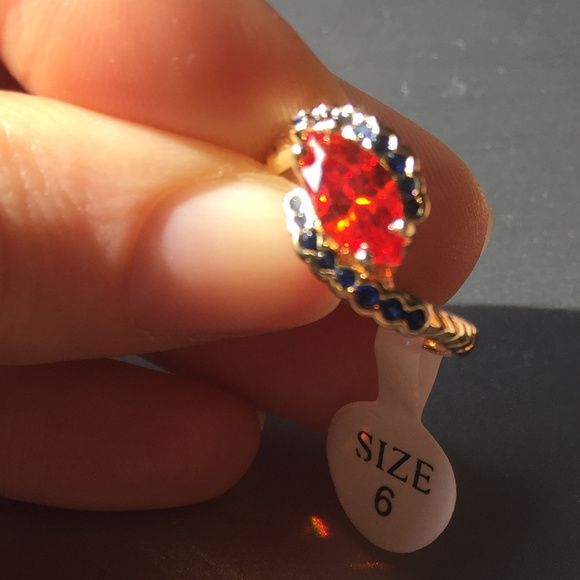 Gold Ring With Orange and Blue Gems - Picture 2 of 2